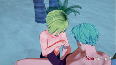 One Piece Yaoi – Zoro x Sanji Handjob and Blowjob in a beach – anime Manga Gay